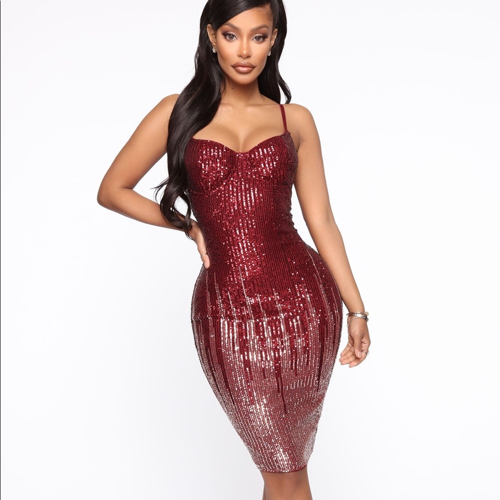 FASHION NOVA EMBELLISHED BURGUNDY DRESS